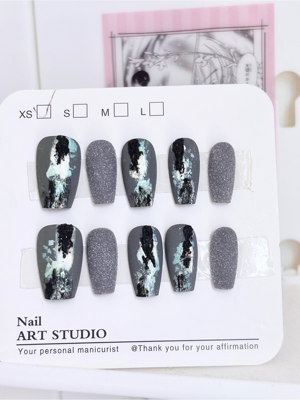 1.9cm Coffin long Size xs Gray Marble & Glitter Press-On Nail Set